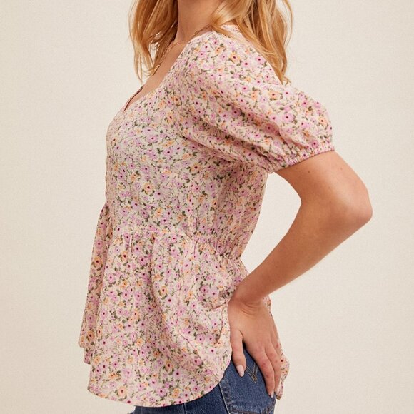 HEM & THREAD Pink Floral Button Front Peplum Blouse, Short Puff Sleeve Top - Picture 4 of 5